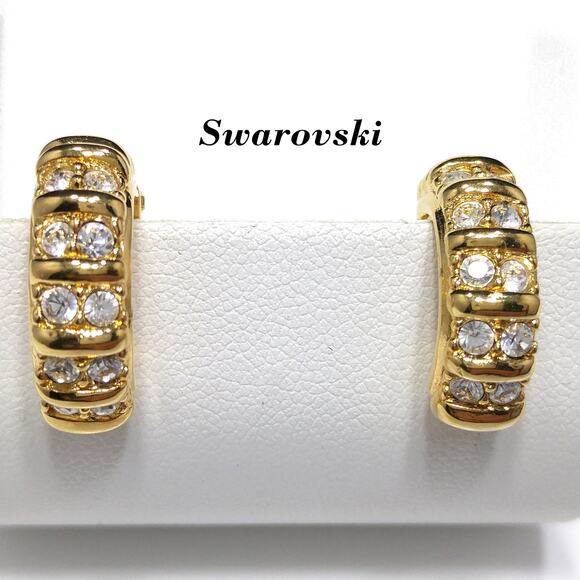 Swarovski Clear Rhinestone Half Hoop Clip On Earrings, Gold Tone, 1990s Vintage - Picture 1 of 10